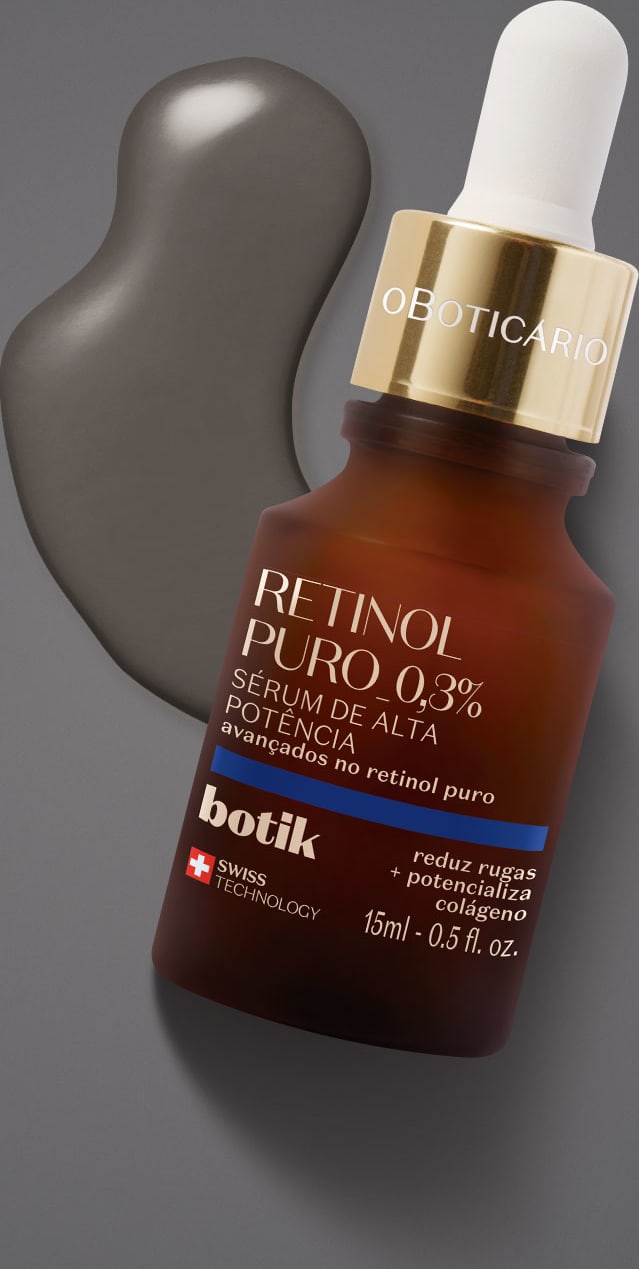 Ambiente de produto de beleza da marca Oboticario, com um retinol puro 0,3% em embalagem de vidro marrom e conta-gotas, em um fundo cinza escuro, destacando a eficácia e a tecnologia suíça do produto.