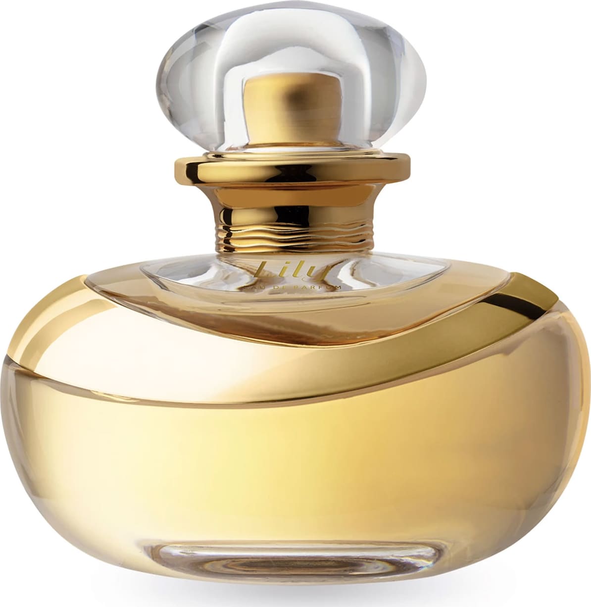 Esta imagem mostra um frasco de perfume luxuoso da marca Lily. O frasco tem um design elegante e sofisticado com cores douradas e transparentes. O frasco tem uma forma curvilínea e chamativa, característica dos produtos de alta qualidade da marca Lily.