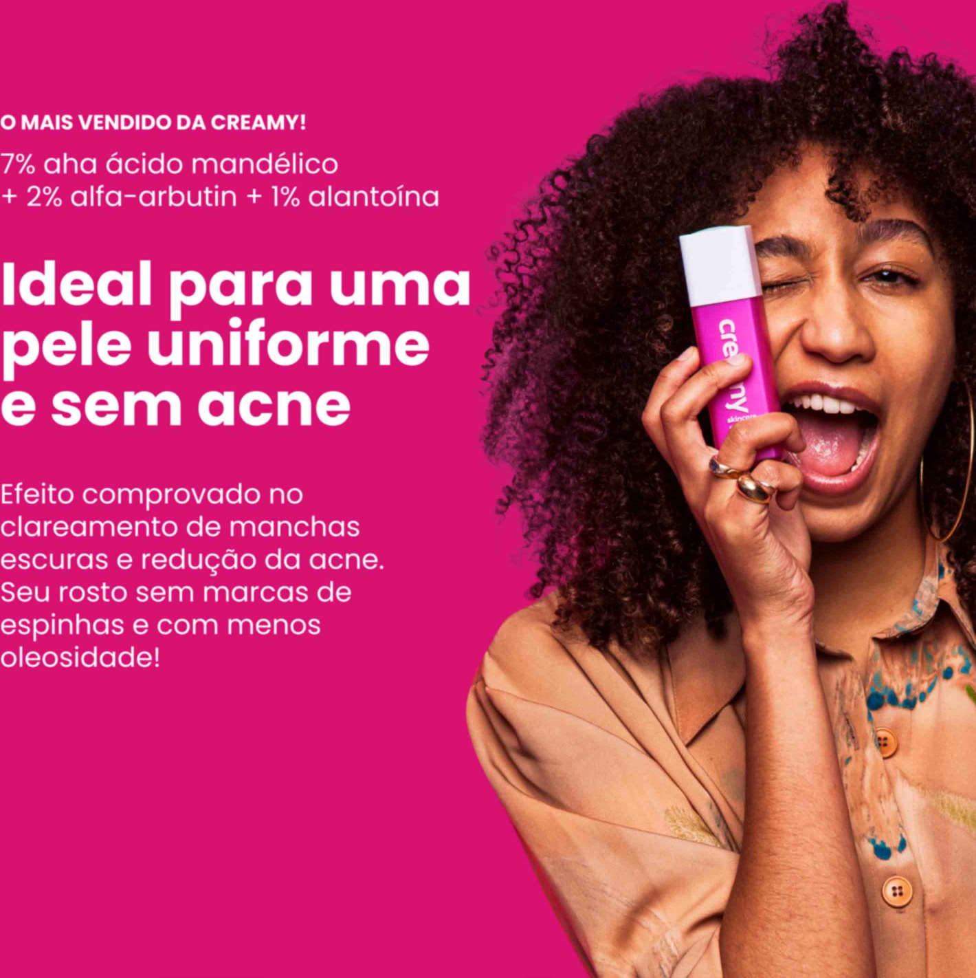 A imagem mostra o gel sendo segurado por uma mulher próximo ao rosto, com informações sobre o efeito na pele.