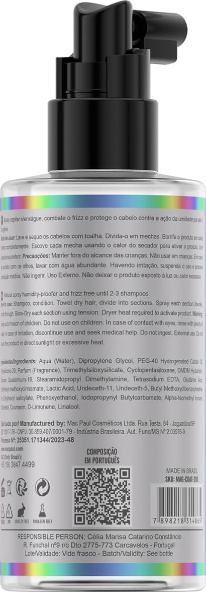 A imagem mostra o verso do produto. O rótulo com informações detalhadas do produto em português, incluindo ingredientes, instruções de uso, código de barras e dados do fabricante. Formato de spray com aplicador bomba na parte superior.