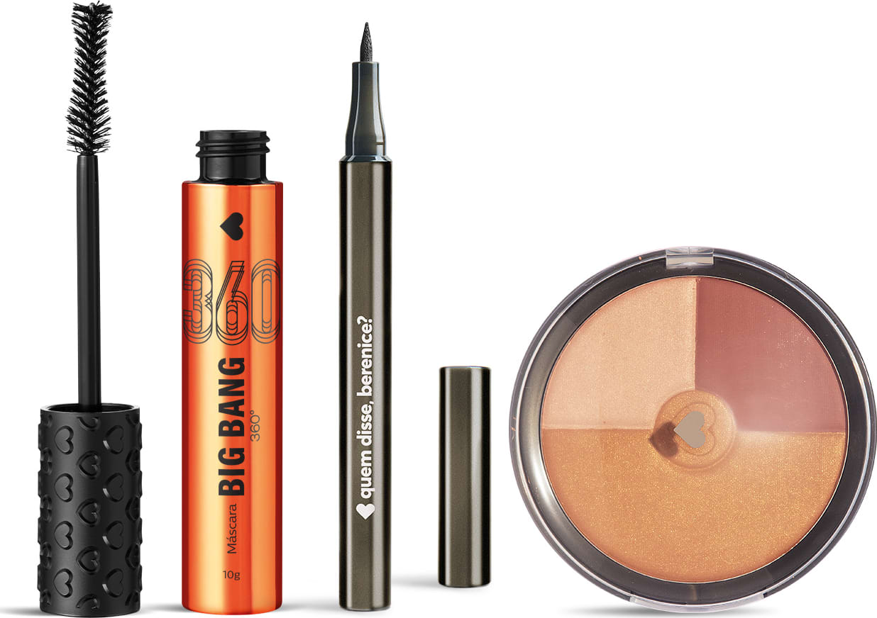 Máscara de cílios Big Bang 360° em embalagem laranja metalizada com tampa preta texturizada de corações, lápis retrátil em embalagem cinza e mini paleta de maquiagem em embalagem preta com tampa transparente, todo Quem Disse, Berenice?.