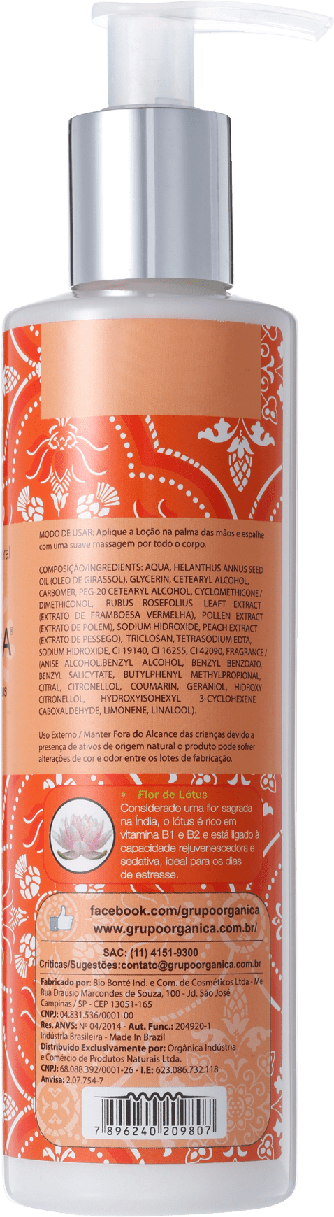 Orgânica Puro Vegetal Pêssego e Flor de Lótus - Loção Hidratante Corporal 250ml
