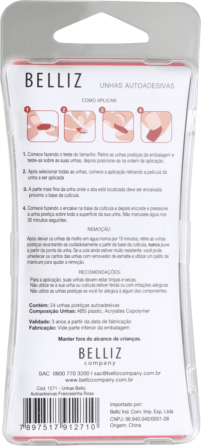 Belliz Autoadesivas Francesinha Rosa - Unhas Postiças (2 4 Unidades)