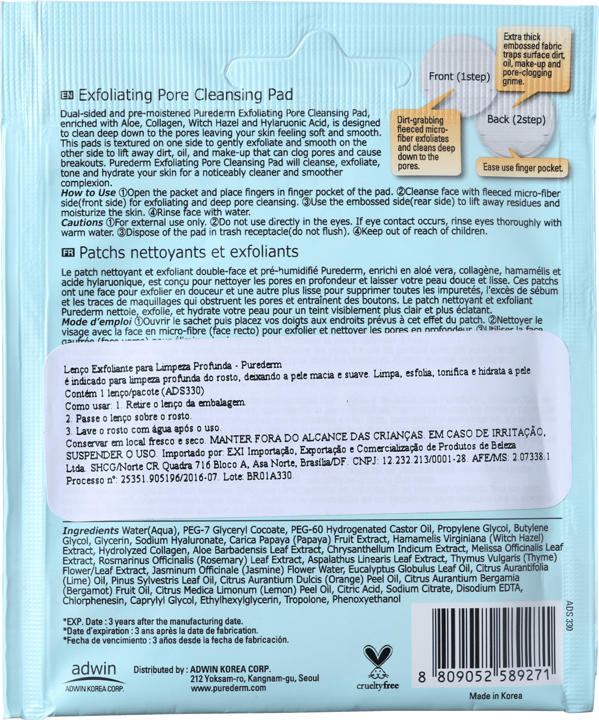 Purederm Exfoliating Pore Cleansing Pads - Lenço Esfoliante para Limpeza Profunda (1 unidade)