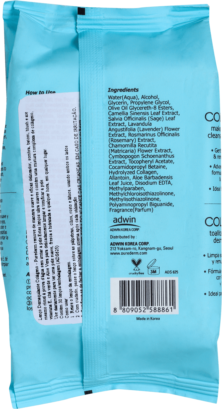 Purederm Colagen Makeup Remover Cleansing Towelettes - Lenço Demaquilante (30 Unidades)