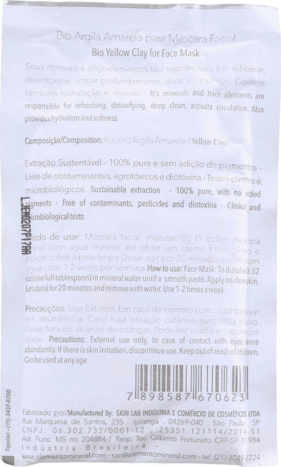 Elemento Mineral Bio Argila Amarela - Máscara Facial 30g