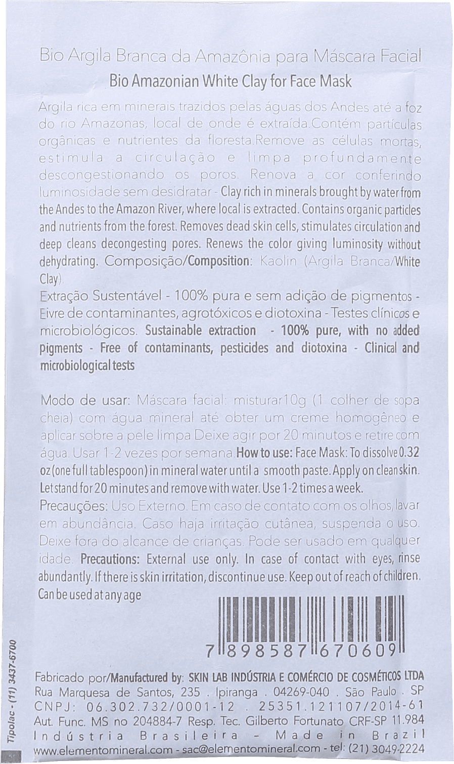 Elemento Mineral Bio Argila Branca da Amazônia - Máscara Facial 30g