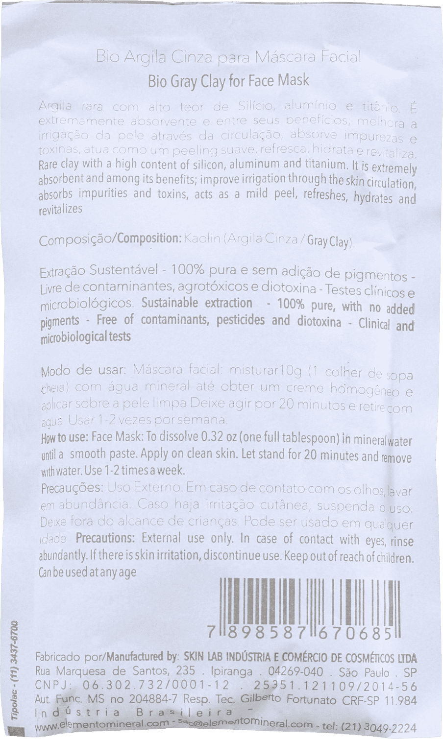 Elemento Mineral Bio Argila Cinza - Máscara Facial 30g