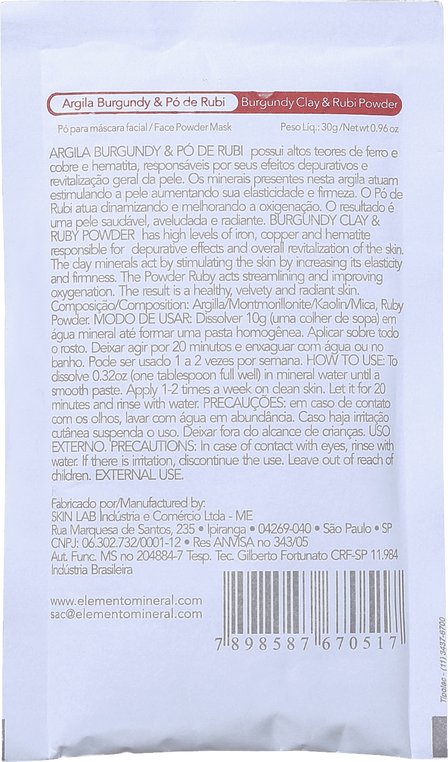 Elemento Mineral Argila Burgundy & Pó de Rubi - Máscara Facial 30g