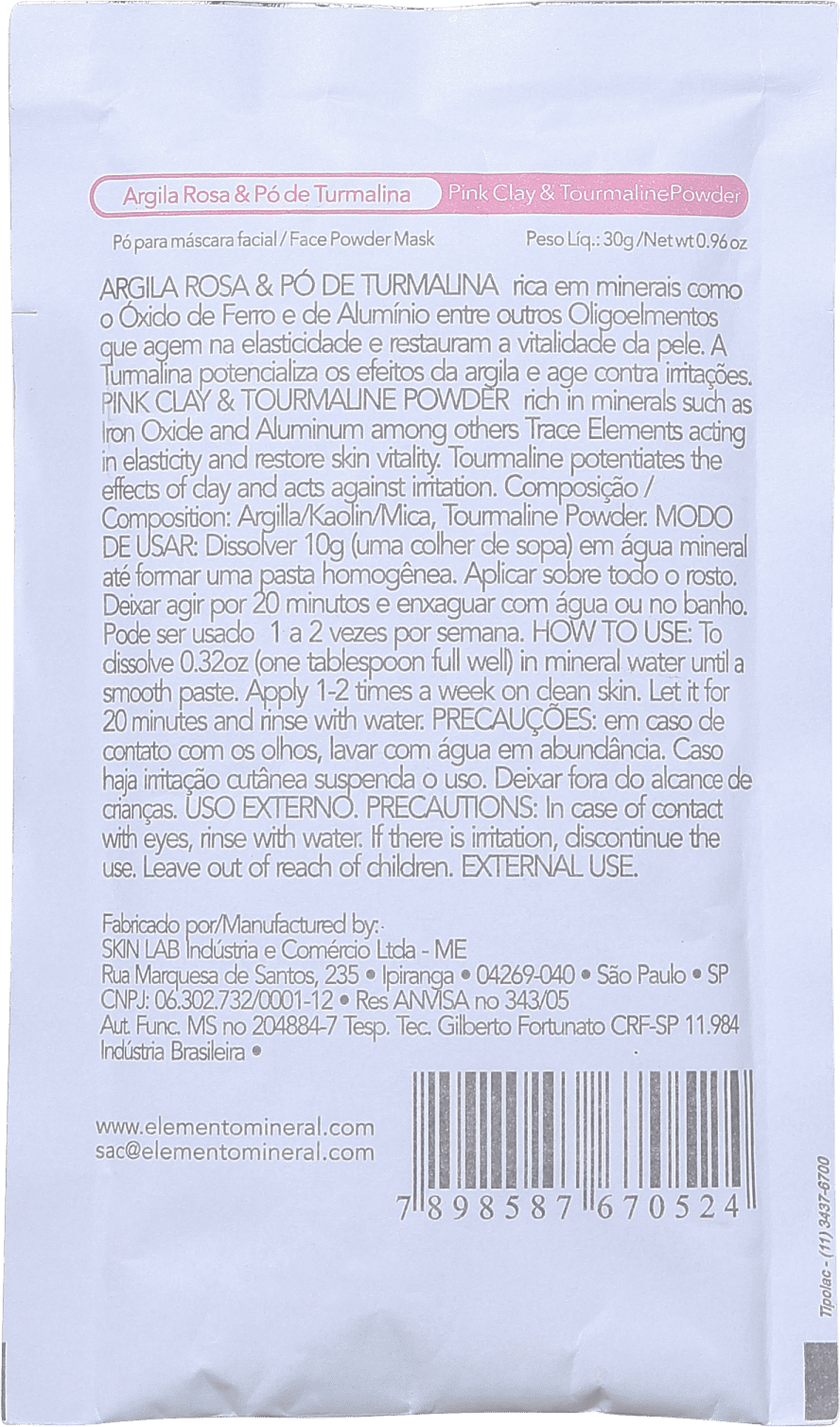 Elemento Mineral Argila Rosa & Pó de Turmalina - Máscara Facial 30g