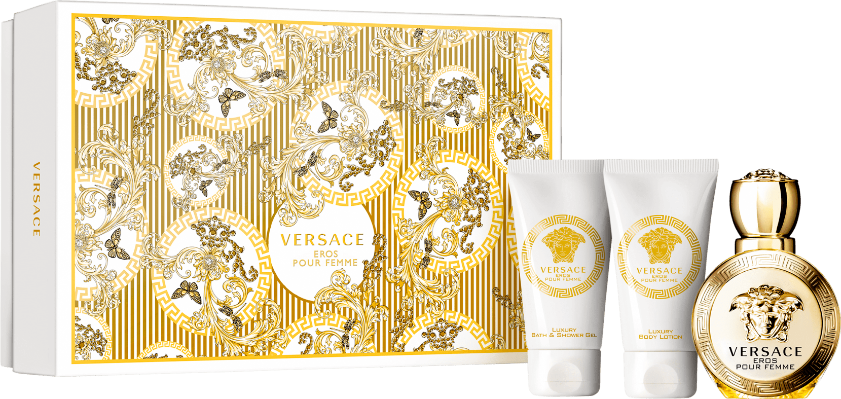 Conjunto Eros Pour Femme Versace Feminino - Eau de Parfum 50ml + Loção Corporal 50ml + Gel de Banho 50ml