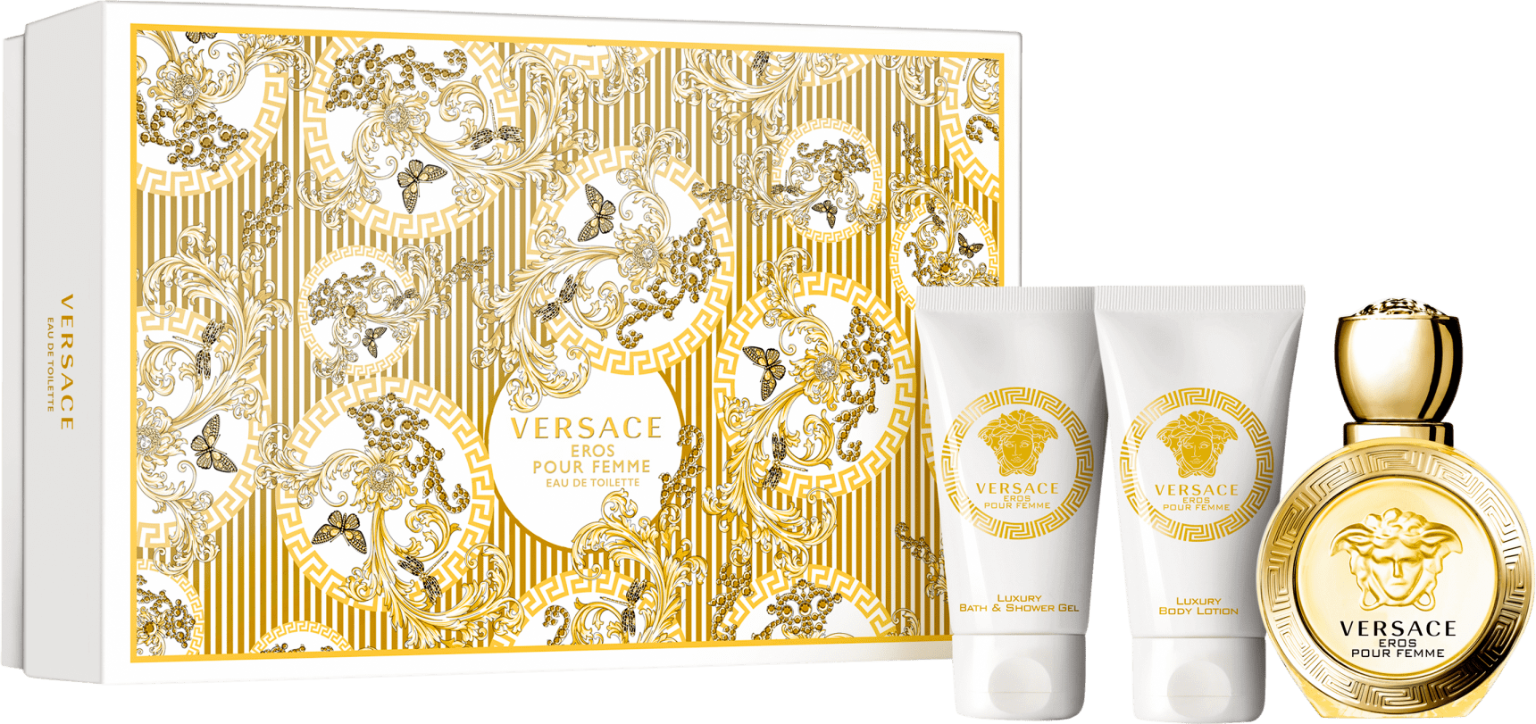 Conjunto Eros Pour Femme Versace Feminino - Eau de Toilette 50ml + Loção Corporal 50ml + Gel de Banho 50ml