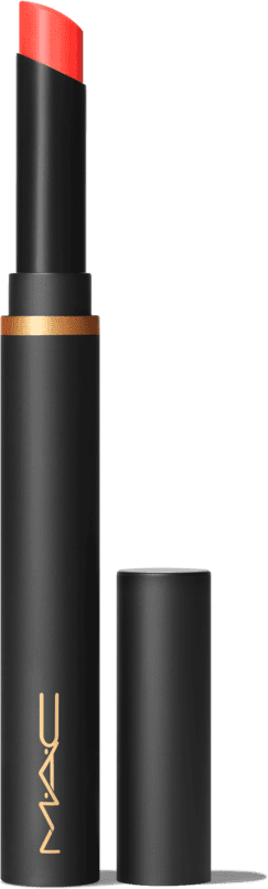 A imagem mostra uma embalagem de batom, cilíndrica, comprida, toda preta com a logo da marca em dourado, um detalhe cilíndrico também em dourado, com um pouco do batom laranja à mostra. Ao lado, a tampa do produto também preta sem detalhes.