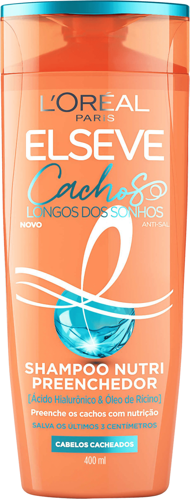 Frasco de shampoo Elseve Cachos Longos dos Sonhos, com embalagem laranja e azul, contendo 400 ml do produto. Rótulo com informações sobre os benefícios do shampoo para cabelos cacheados.