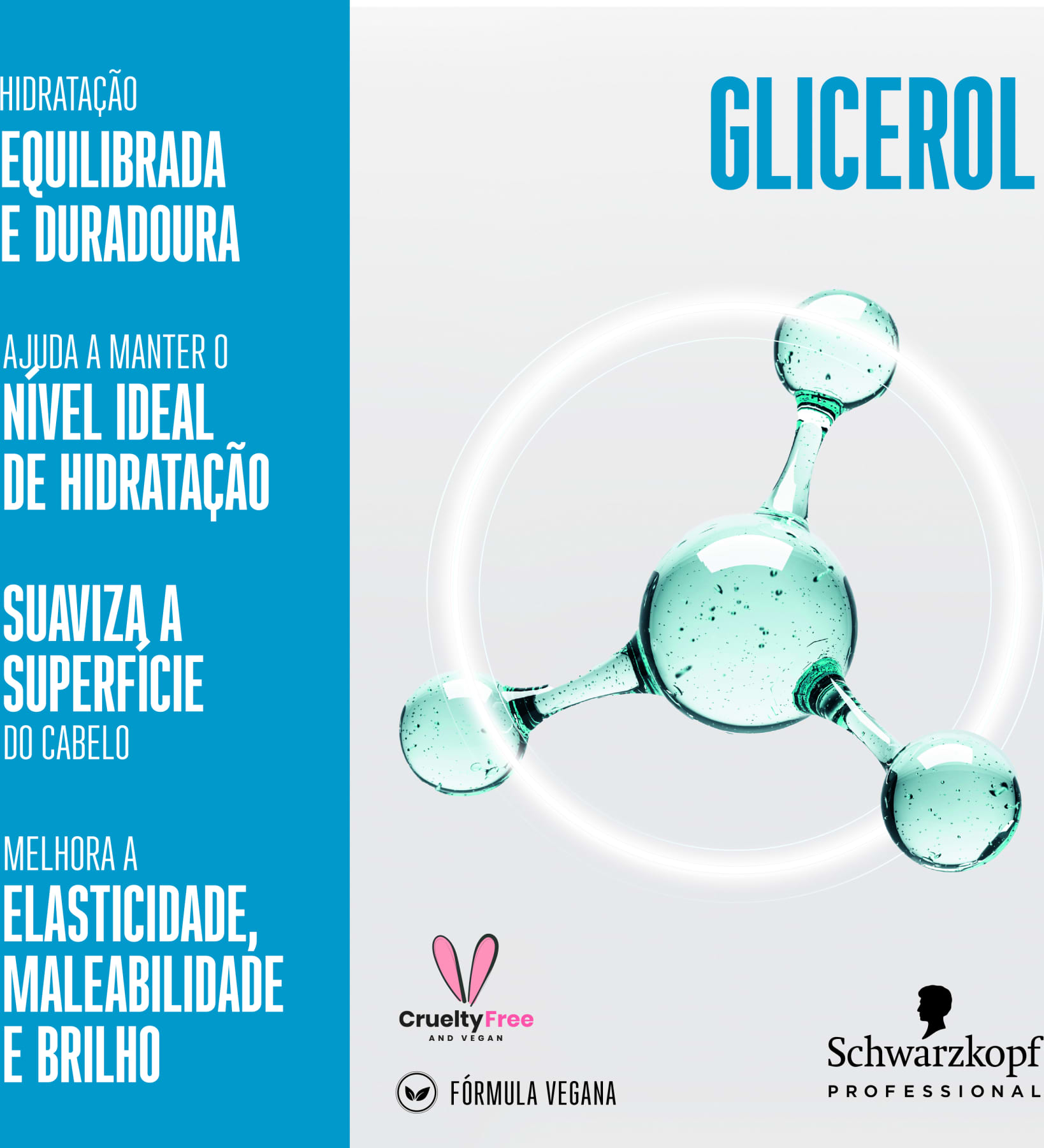 Glicerol, produto para hidratação capilar equilibrada e duradoura. Ajuda a manter o nível ideal de hidratação, suaviza a superfície dos fios, melhora elasticidade, maciez e brilho.