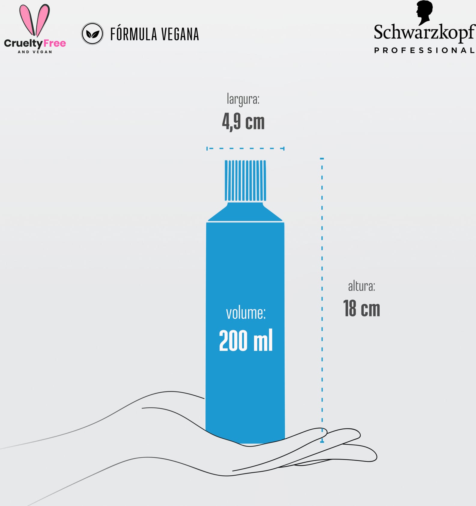 Apresenta as dimensões de 4,9 cm de largura e 18 cm de altura. O frasco repousa sobre uma mão estilizada em linha contínua.