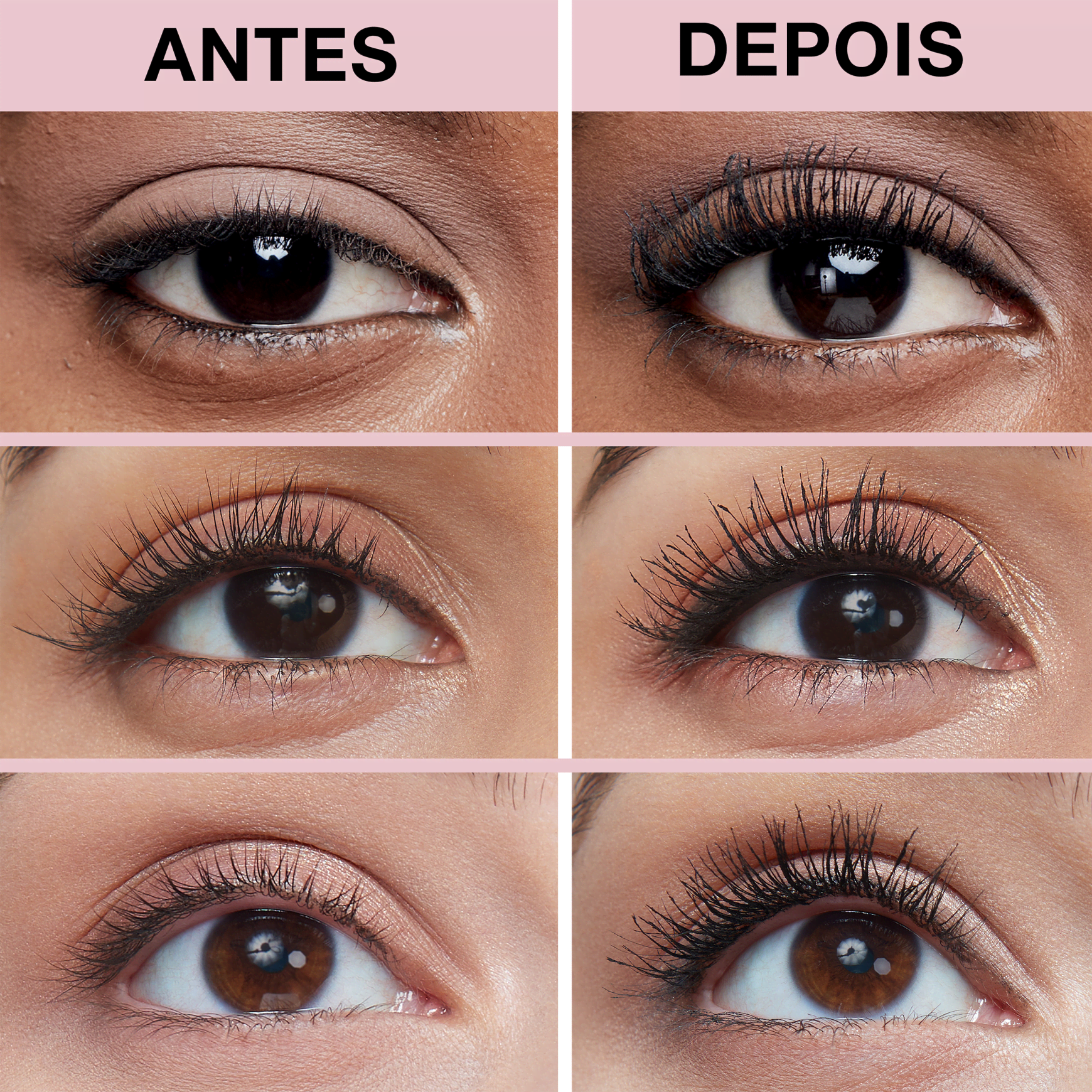 Seis fotos de olhos femininos, divididas em "Antes" e "Depois". As fotos do lado esquerdo ("Antes") mostram cílios naturais, enquanto as do lado direito ("Depois") exibem os mesmos olhos com cílios visivelmente mais longos, curvados e volumosos.
