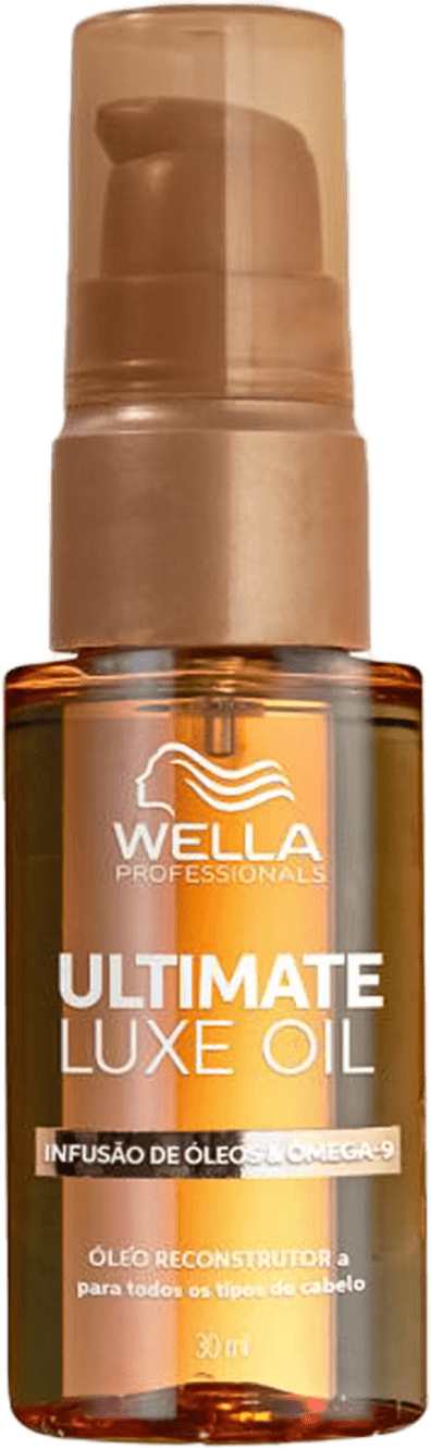 Óleo capilar em um frasco de vidro âmbar com aplicador em formato de bomba pump na cor bege. Rótulo com o nome do produto e a marca em letras brancas.Tamanho de 30ml.