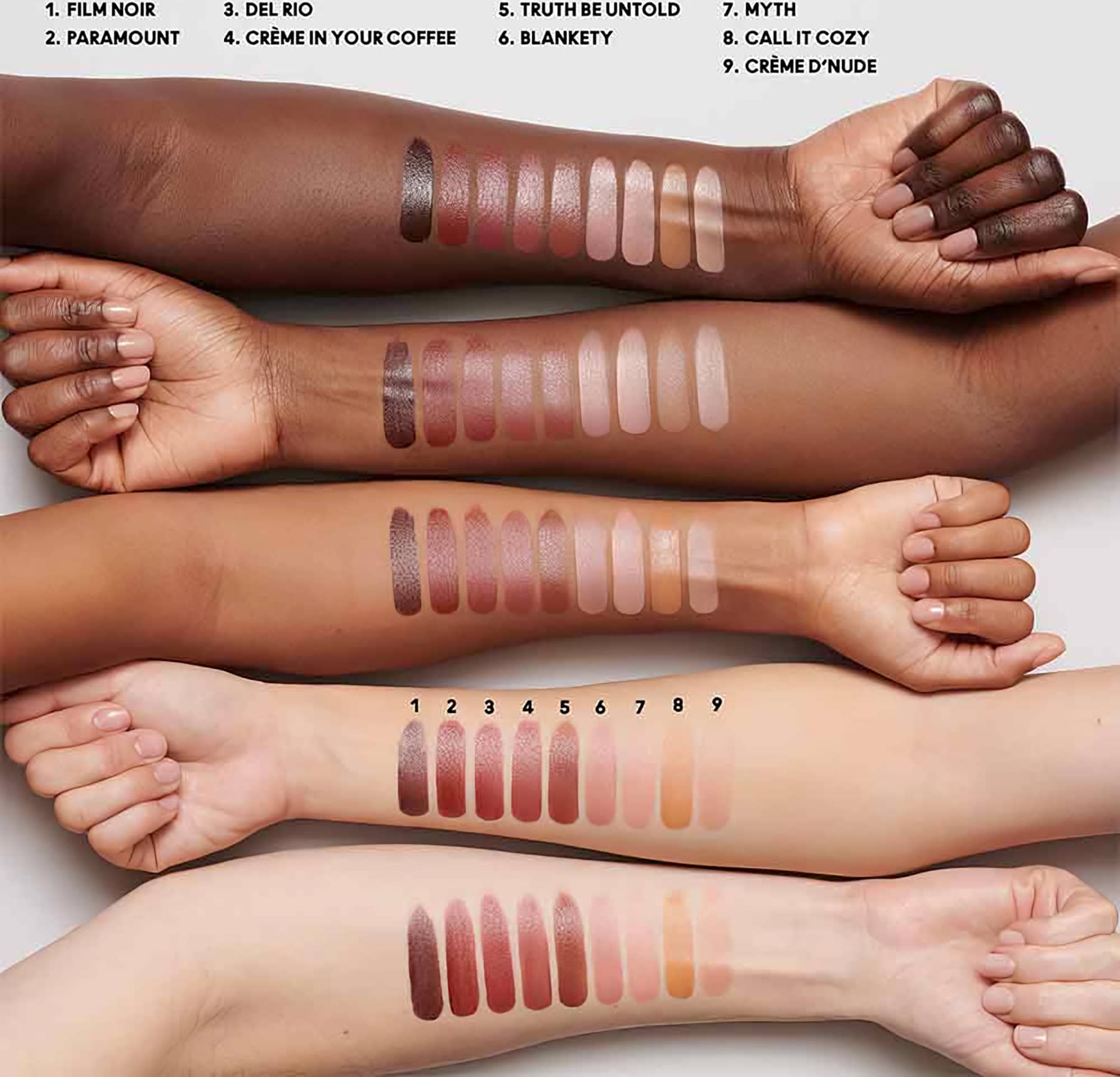 A imagem mostra 5 antebraços com amostras do produto na pele, indicando como ficará o batom nos lábios, de acordo com cada tonalidade de pele.