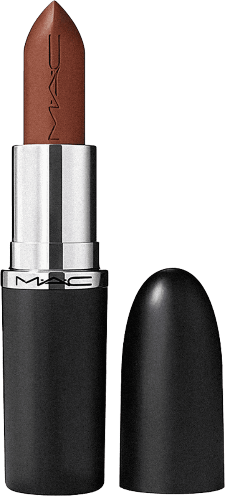 A imagem mostra um batom tipo bala, marrom, com a tampa ao lado. A embalagem é preta e prata com o logo da marca em preto.