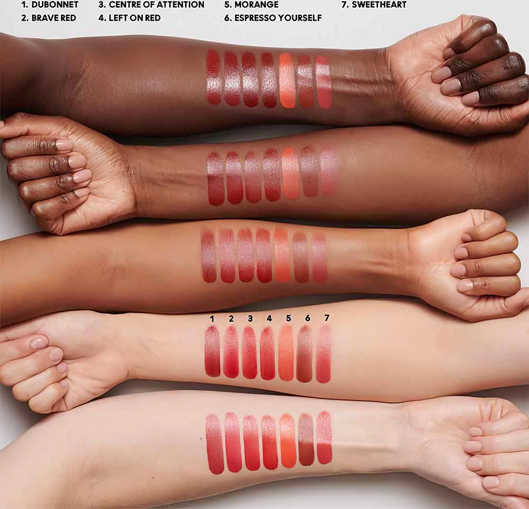 A imagem mostra 5 antebraços com amostras do produto na pele, indicando como ficará o batom nos lábios, de acordo com cada tonalidade de pele.