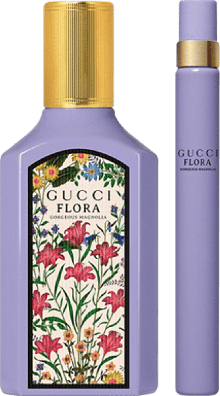 A imagem mostra um frasco de perfume azul com rótulo de flores e tampa dourada e uma versão travel size toda azul com detalhe dourado.