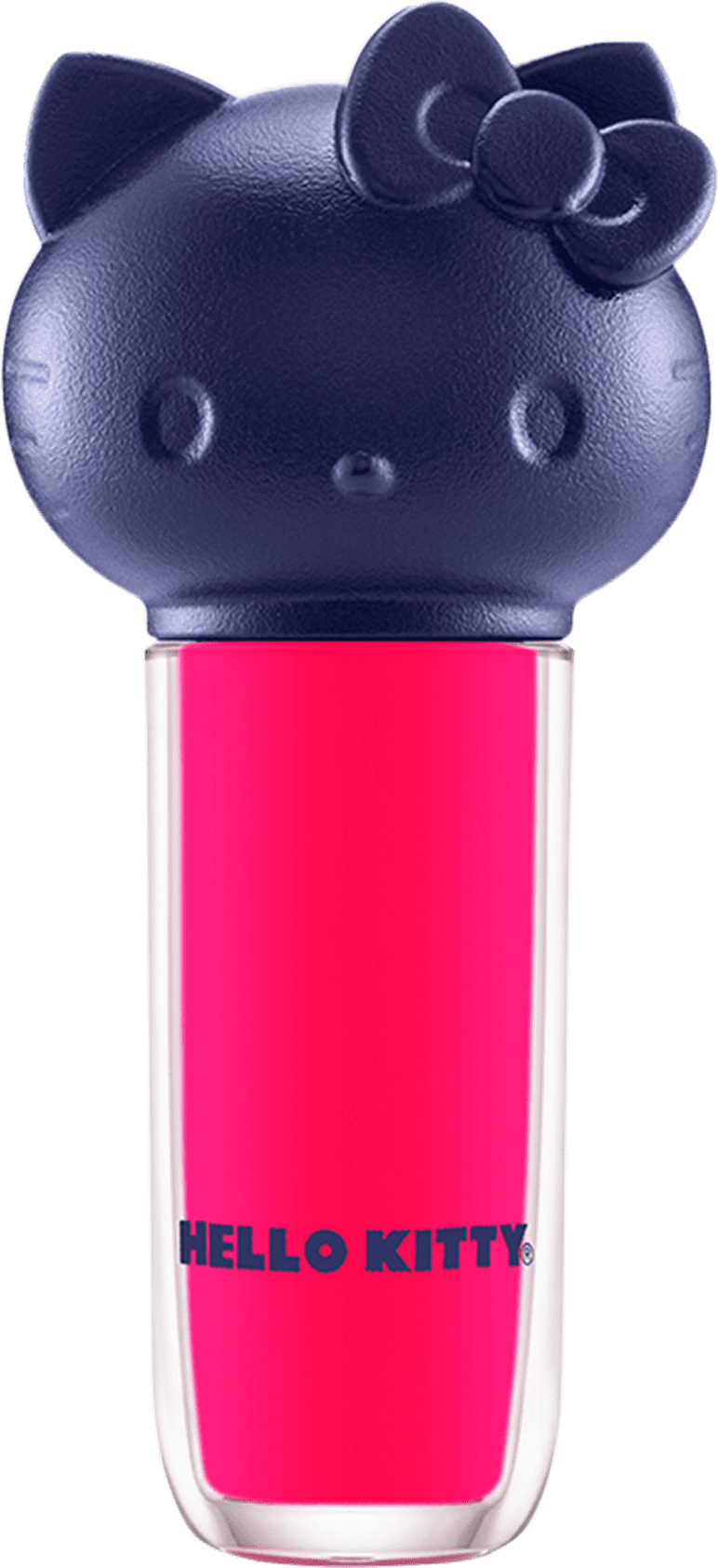 Produto de maquiagem em formato cilíndrico com a cabeça da personagem Hello Kitty como tampa. A parte superior é azul escuro com detalhes que representam os olhos, orelhas e laço da Hello Kitty. É possível ver a cor do produto pelo corpo transparente.