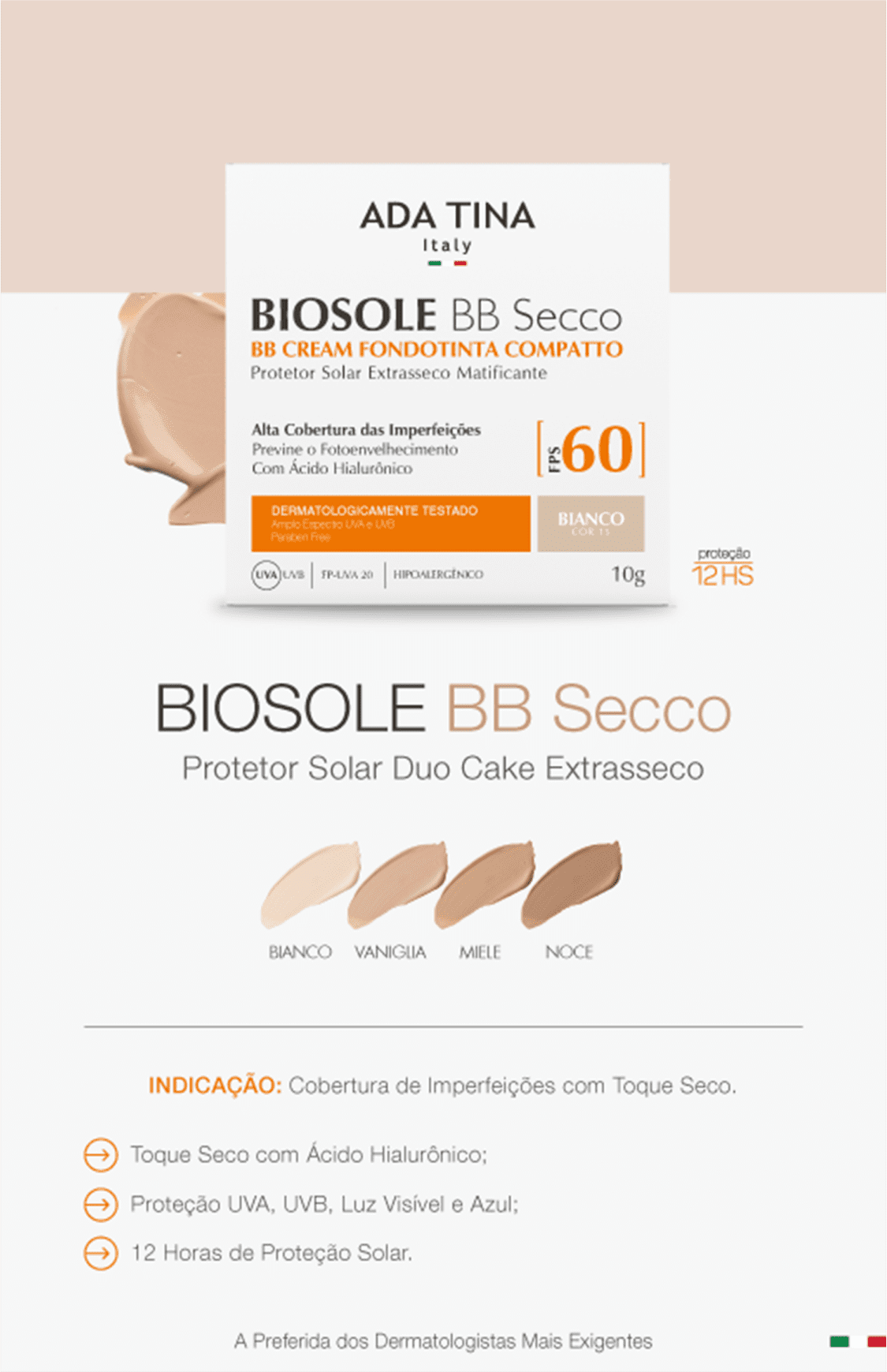 Ada Tina Biosole BB Secco FPS60 Bianco - Protetor Solar Facial com Cor 10g