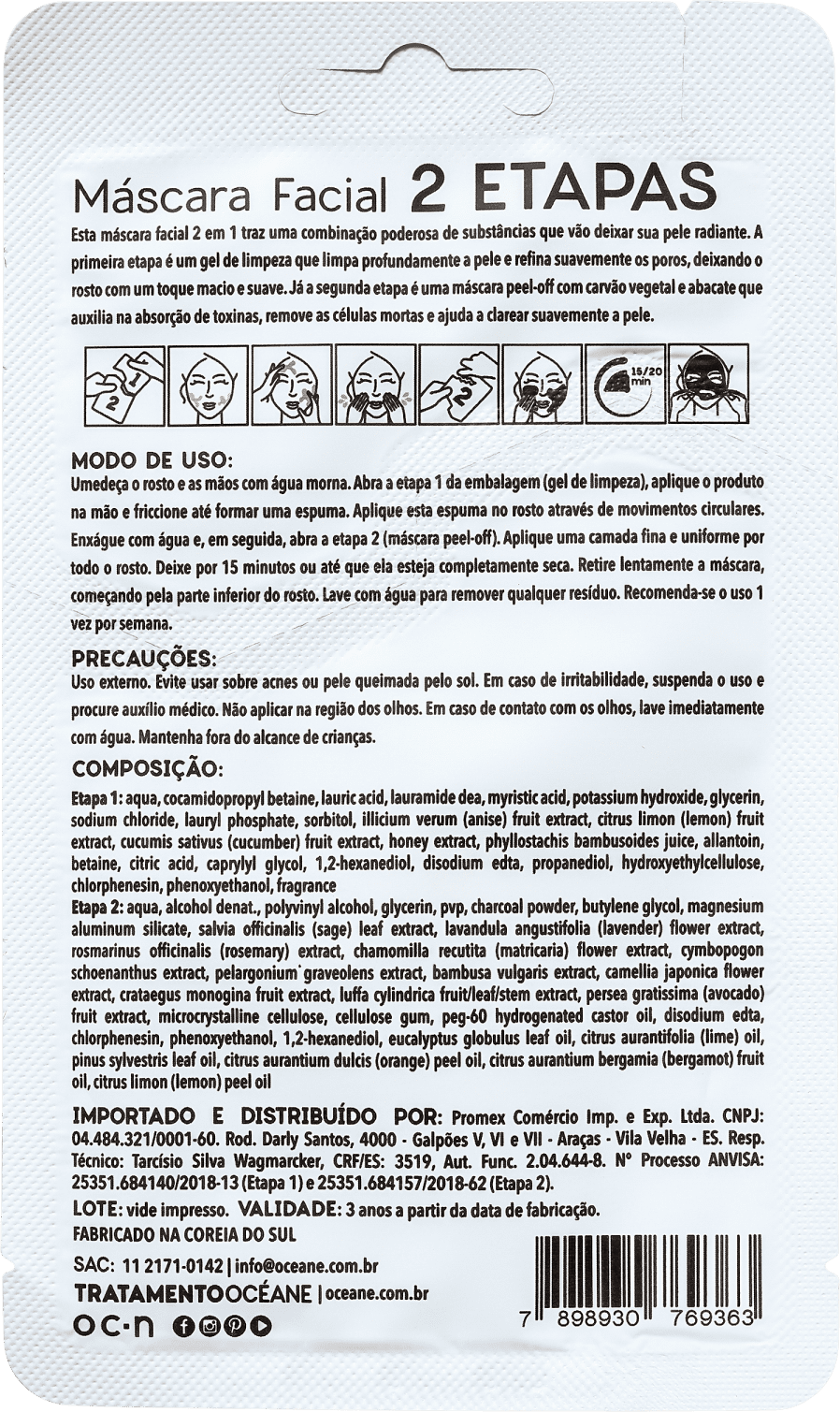 Océane 2 Step Carvão Vegetal e Abacate - Máscara Facial 13g