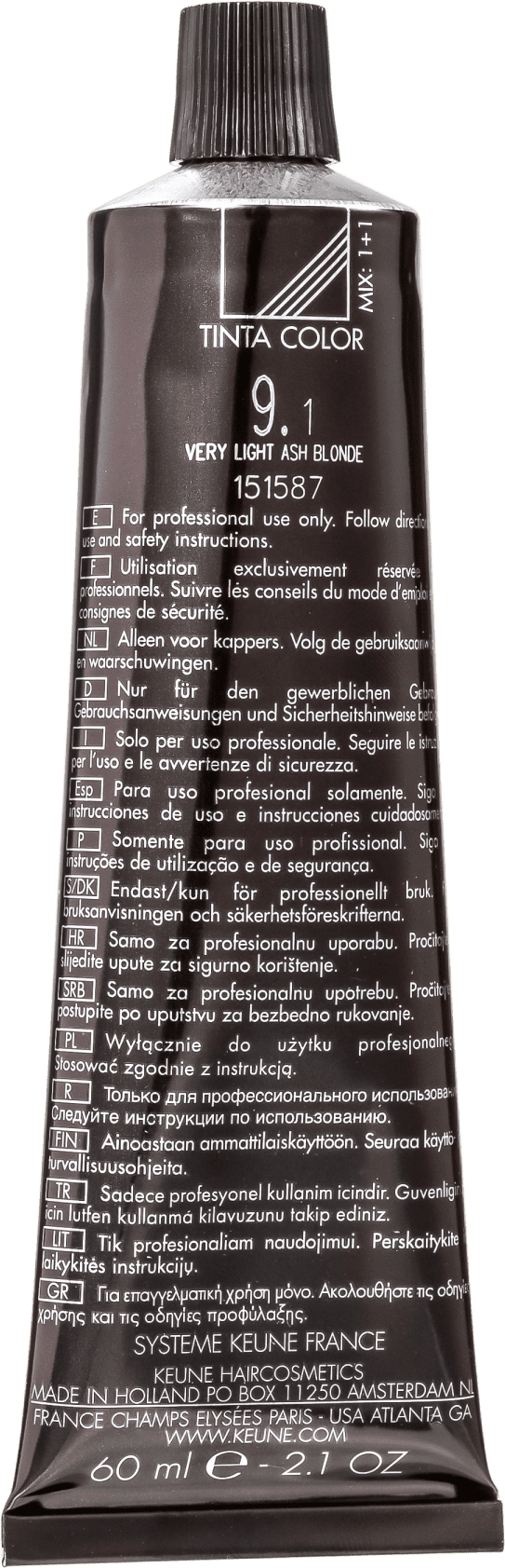 Keune Tinta Color 9.1 Louro Muito Claro Cinza - Coloração 60ml