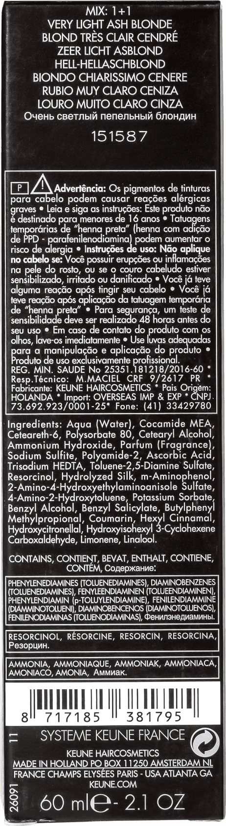 Keune Tinta Color 9.1 Louro Muito Claro Cinza - Coloração 60ml