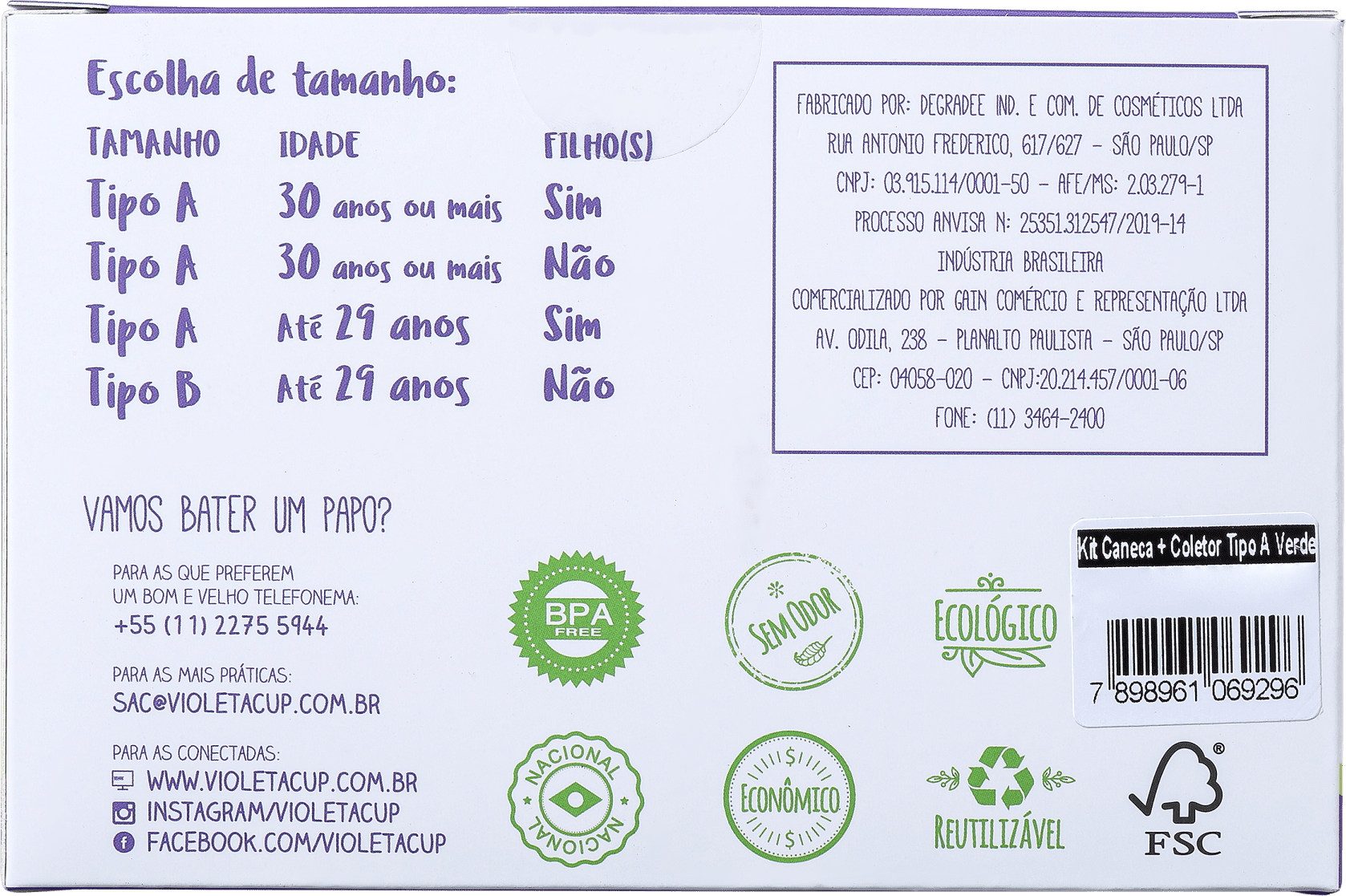 Kit Violeta Cup Tipo A Verde (2 Produtos)