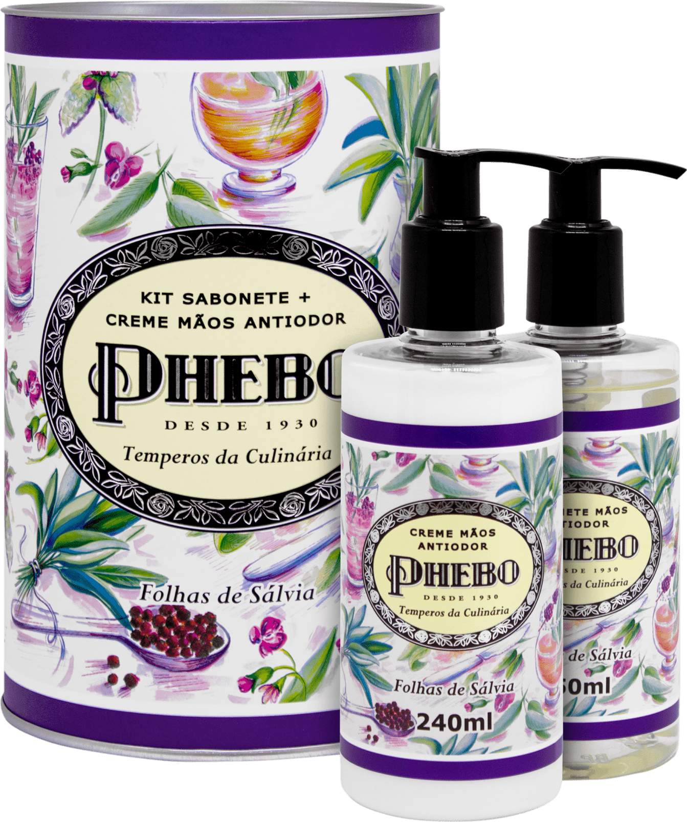Kit Phebo Temperos da Culinária Folhas de Sálvia - Sabonete Líquido 250ml + Creme Hidratante para as Mãos 240ml