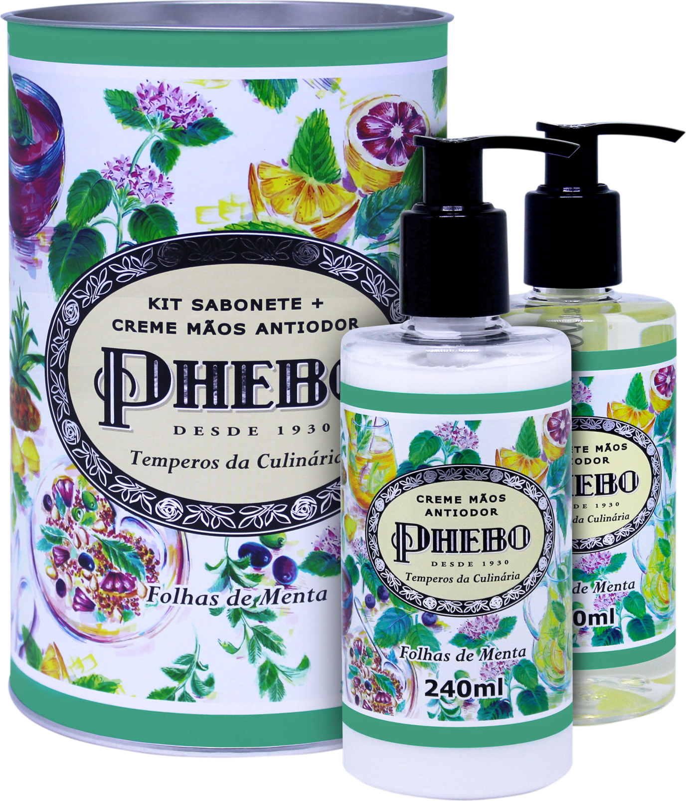 Kit Phebo Temperos da Culinária Folhas de Menta - Sabonete Líquido 250ml + Creme Hidratante para as Mãos 240ml