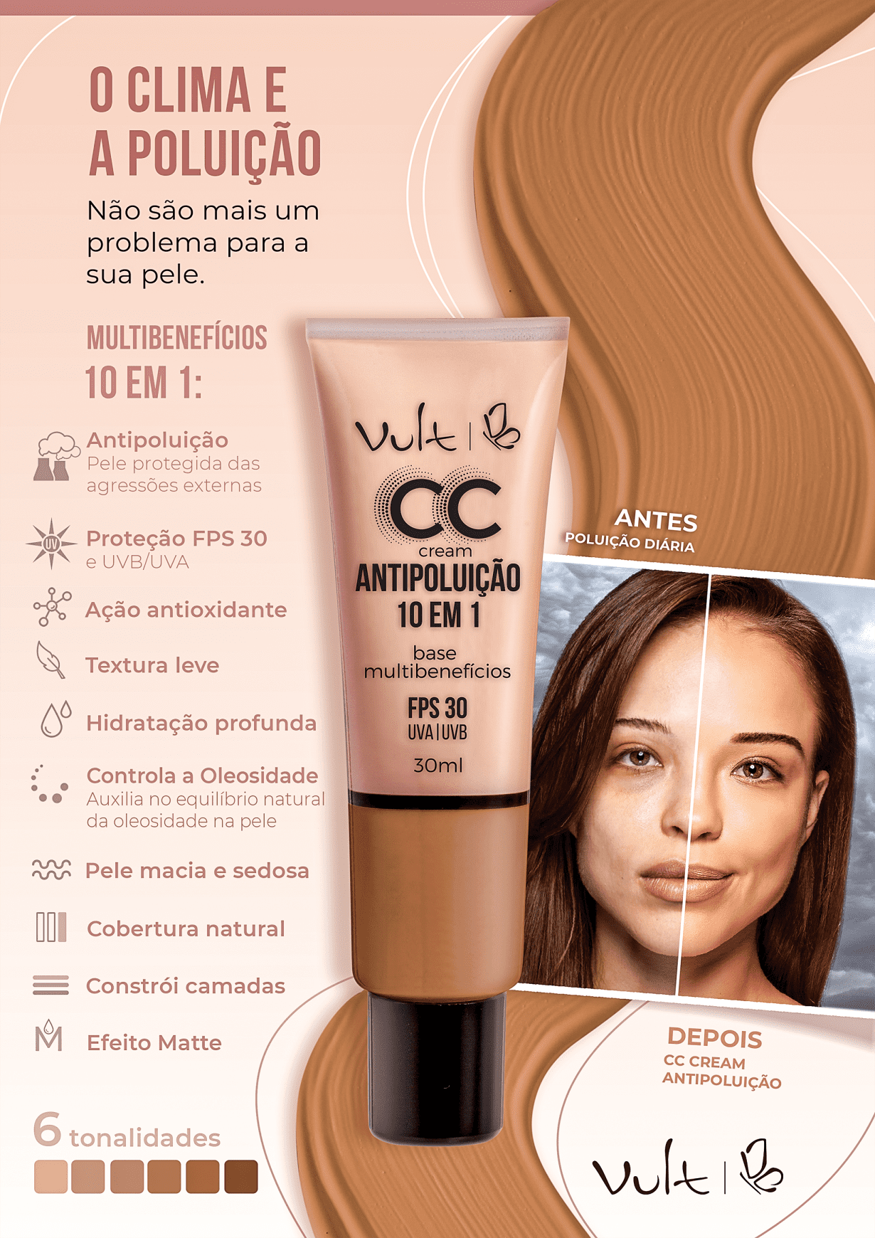 Vult Antipoluição 10 em 1 MB06 Marrom - CC Cream 30ml
