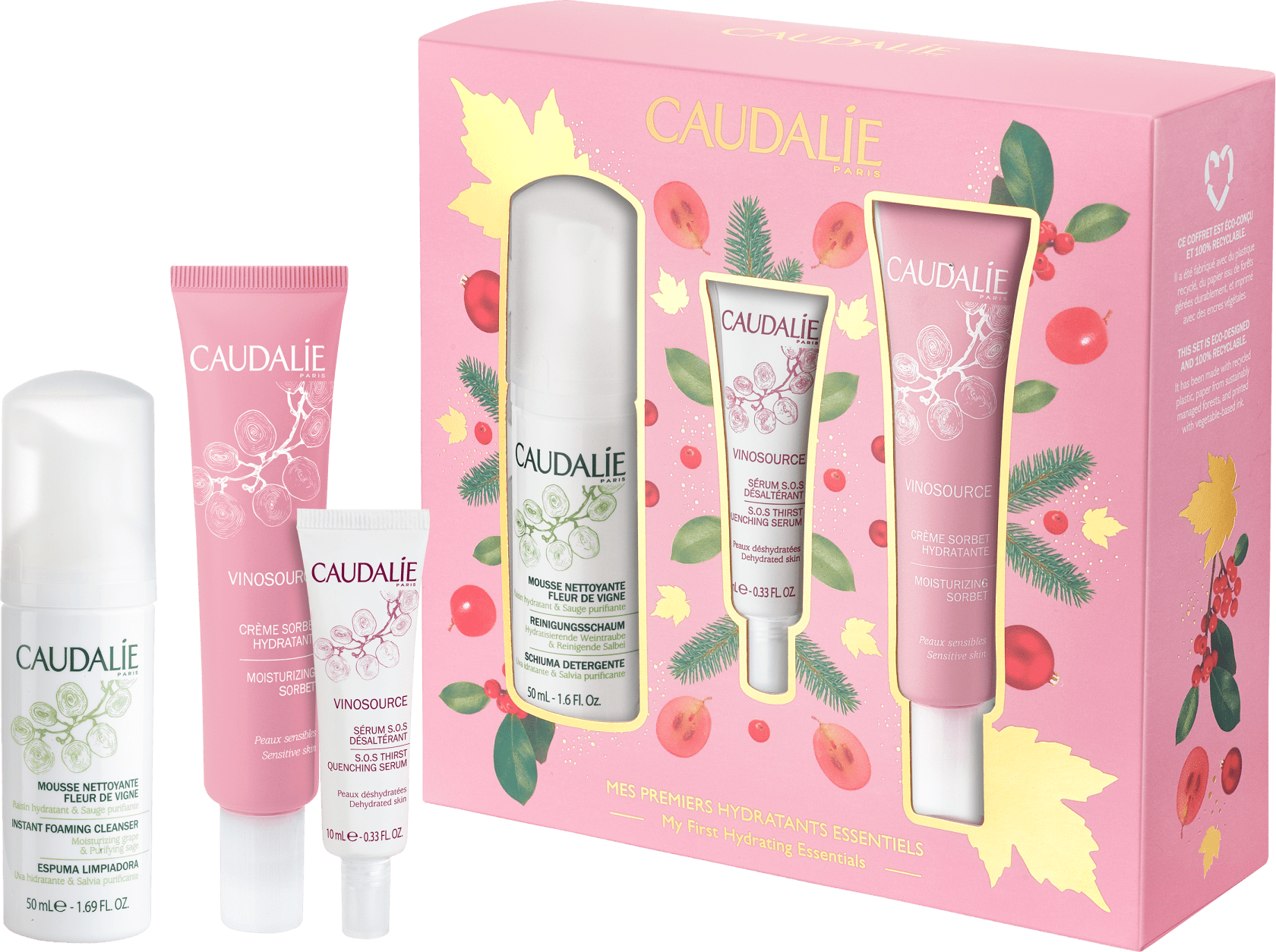 Kit Caudalie Vinosource - Creme Sorvete Hidratante 40ml + Sérum SOS 10ml + Espuma Limpeza 50ml