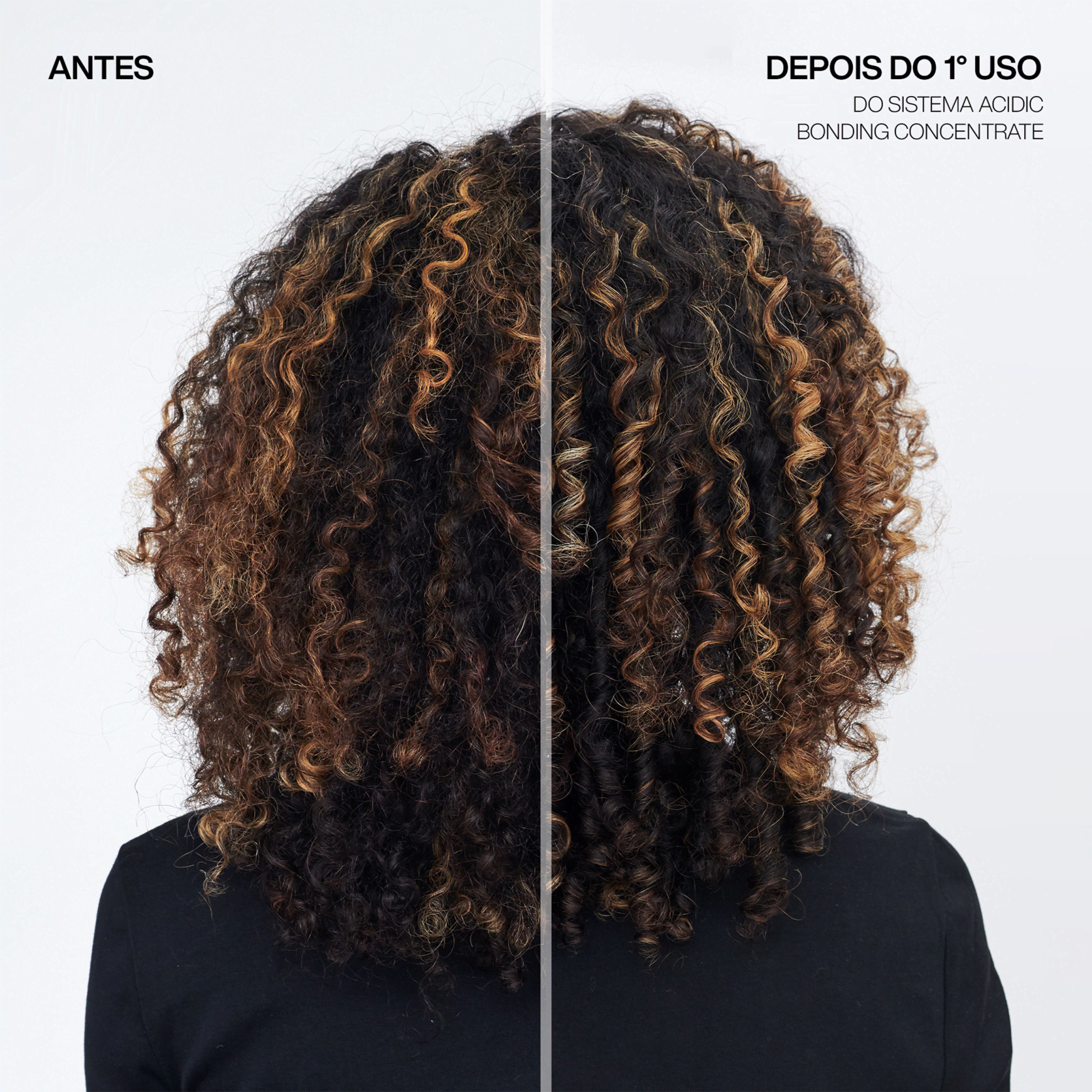 À esquerda, no "Antes", é exibido cabelo muito encaracolado e volumoso, com um aspecto seco e sem brilho. Na parte direita, rotulada como "Após Primeira Aplicação", o mesmo cabelo aparece mais definido, com cachos mais macios e brilhantes.