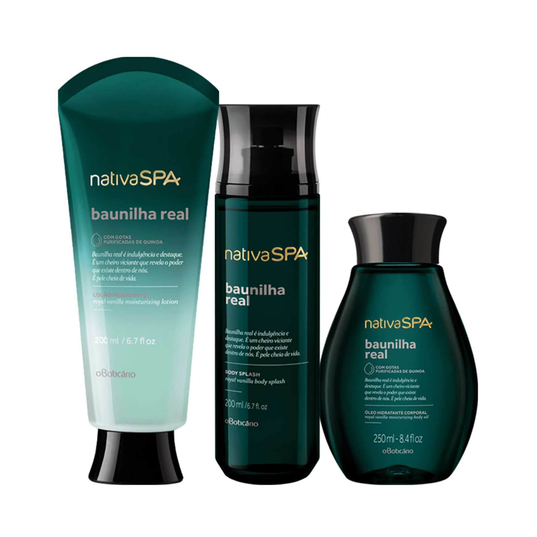 Combo Nativa SPA Baunilha Real: Loção Hidratante 200ml + Óleo Corporal 250ml + Body Splash 200ml