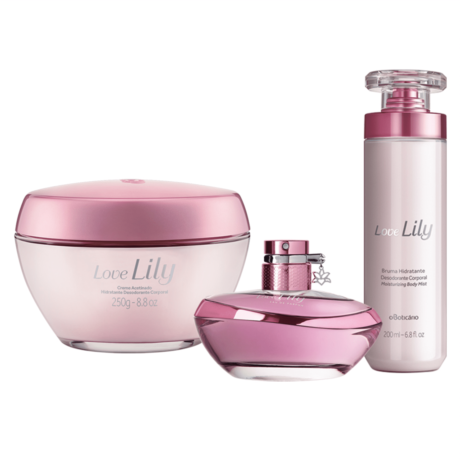 Combo Love Lily: Bruma Hidratante Desodorante Corporal 200ml + Eau de Parfum 75ml + Creme Acetinado Hidratante Desodorante Corporal 250g