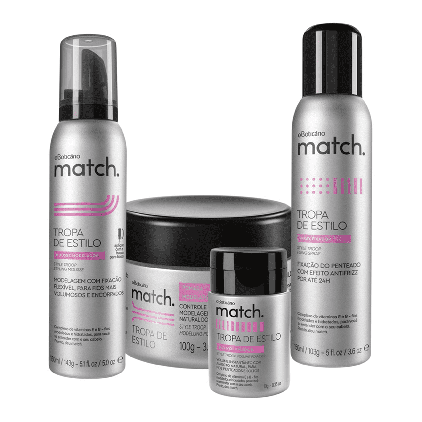 Combo Match Finalização: Mousse Modelador + Pomada Modeladora + Pó Volumador + Spray Fixador