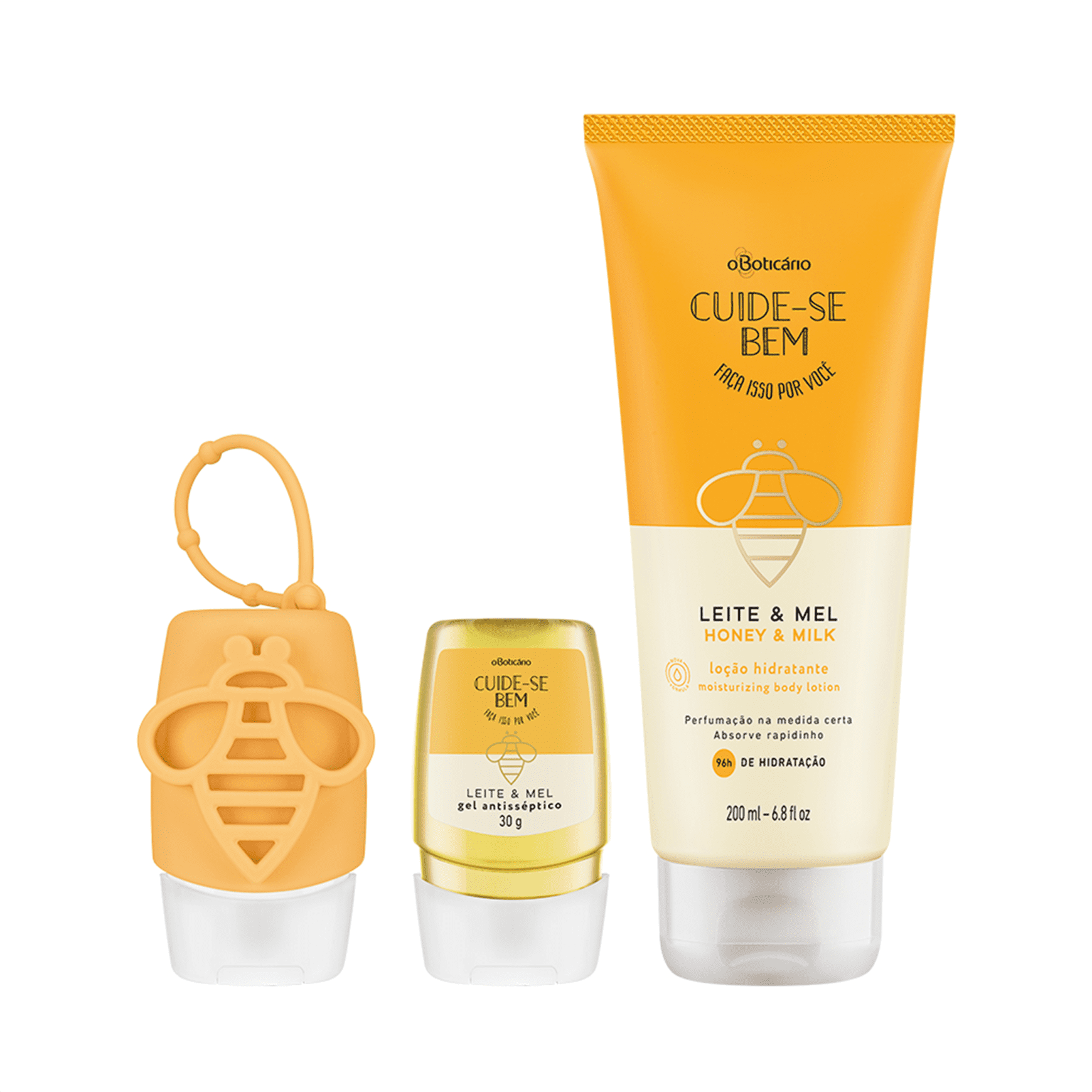 Combo Cuide-Se Bem Leite E Mel Álcool Em gel, 30g + Capinha Em Silicone + Hidratante Corporal, 200ml