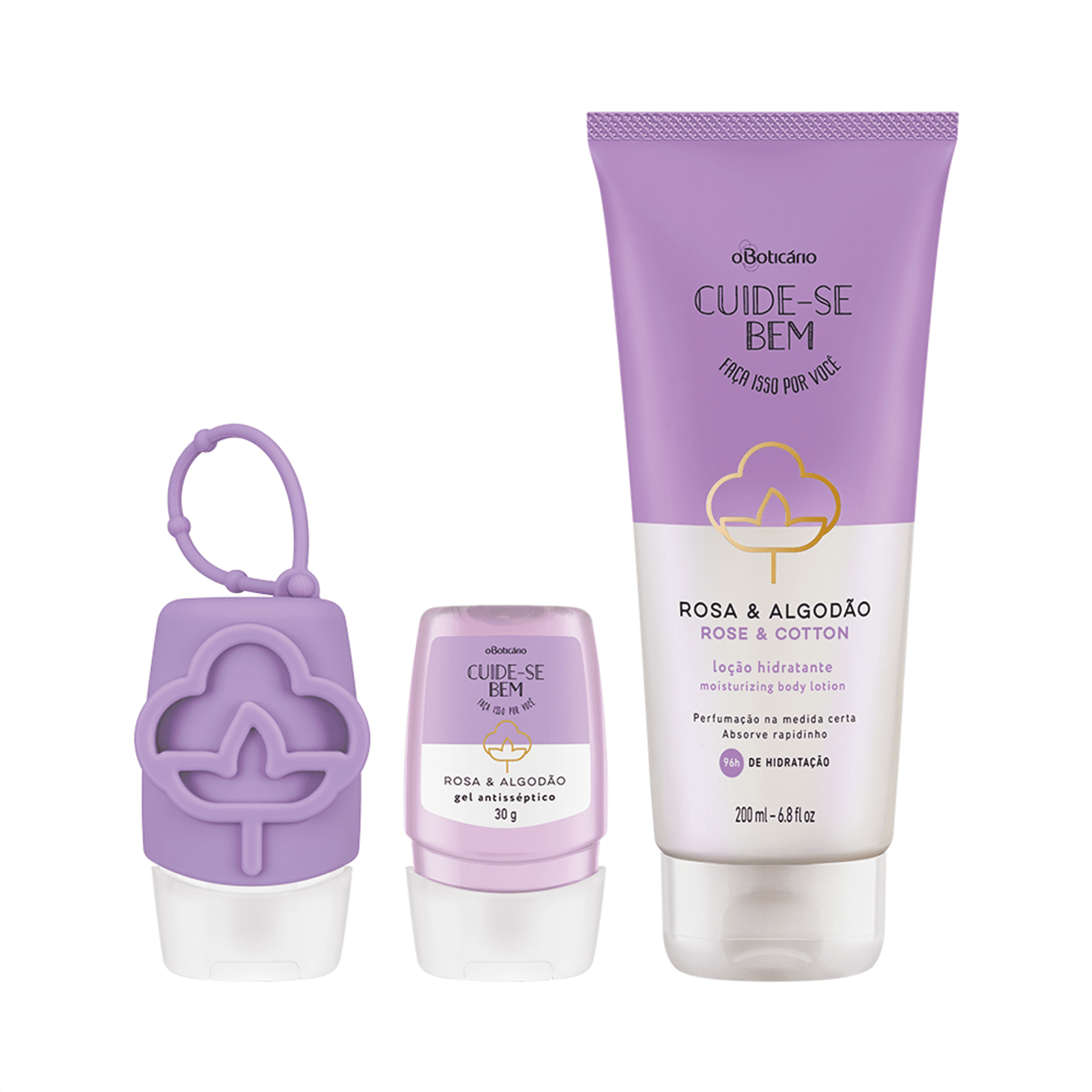 Combo Cuide-Se Bem Rosa E Algodão: Álcool Em gel, 30g + Capinha Em Silicone + Hidratante Corporal, 200ml