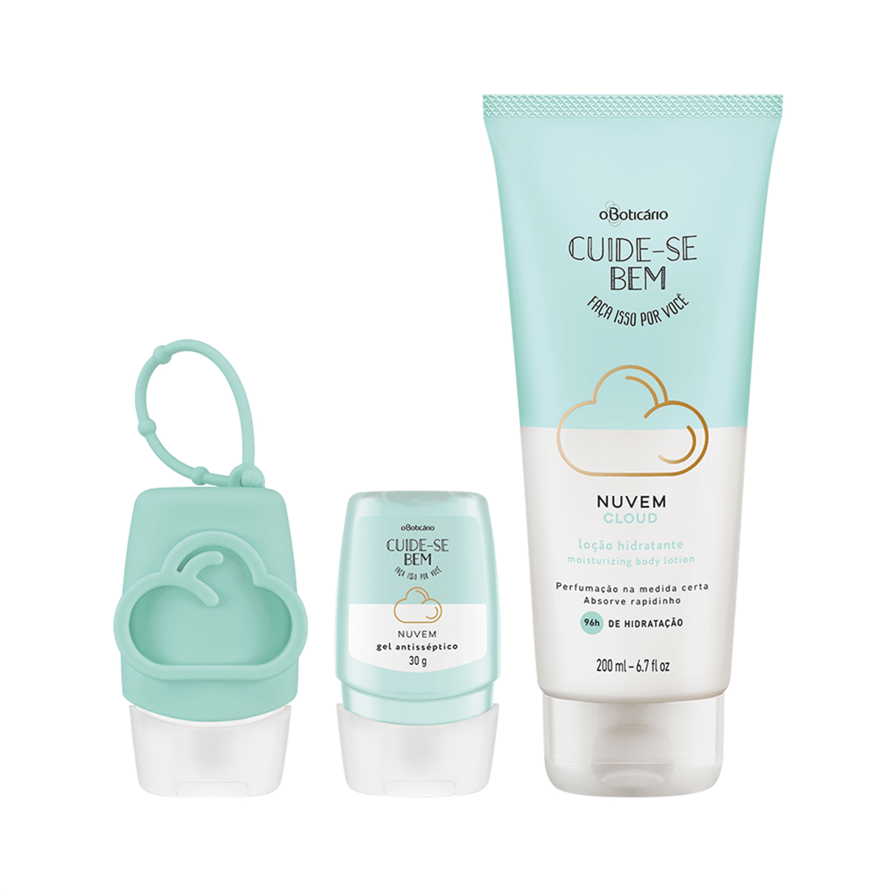 Combo Cuide-Se Bem Nuvem: Álcool Em gel, 30g + Capinha Em Silicone + Hidratante Corporal, 200ml