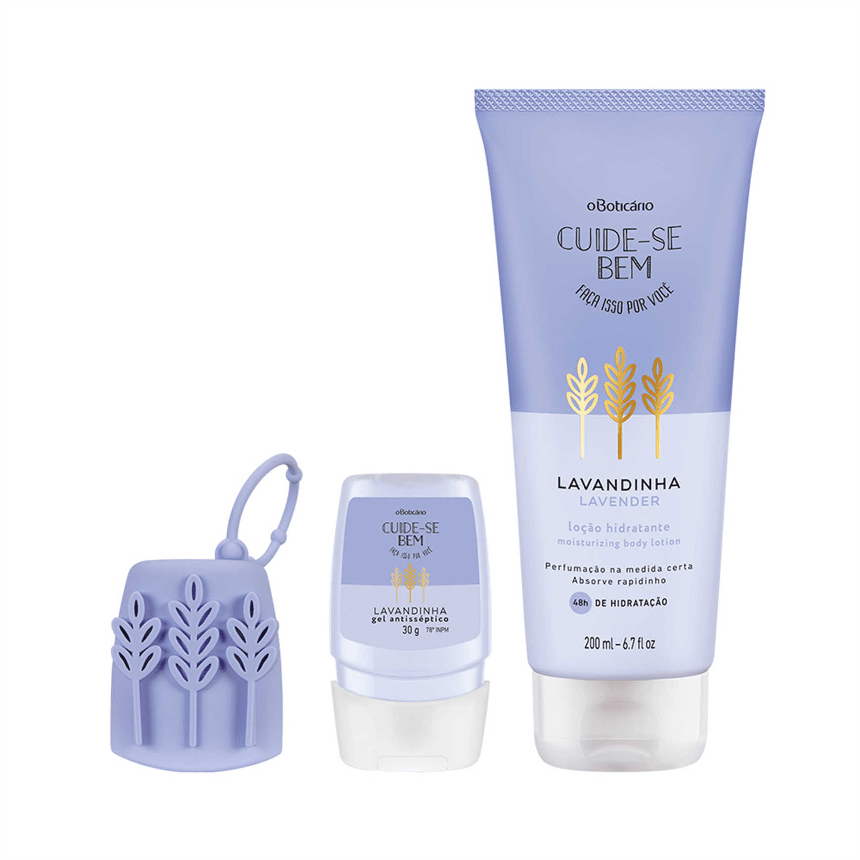 Combo Cuide-Se Bem Lavandinha: Álcool Em gel, 30g + Capinha Em Silicone + Hidratante Corporal, 200ml