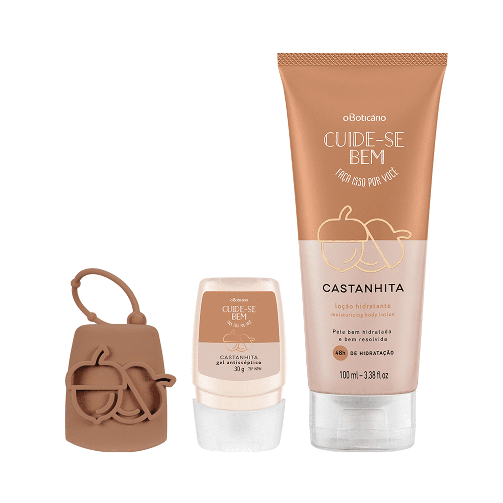 Combo Cuide-Se Bem Castanhita: Álcool Em gel, 30g + Capinha Em Silicone + Hidratante Corporal, 200ml