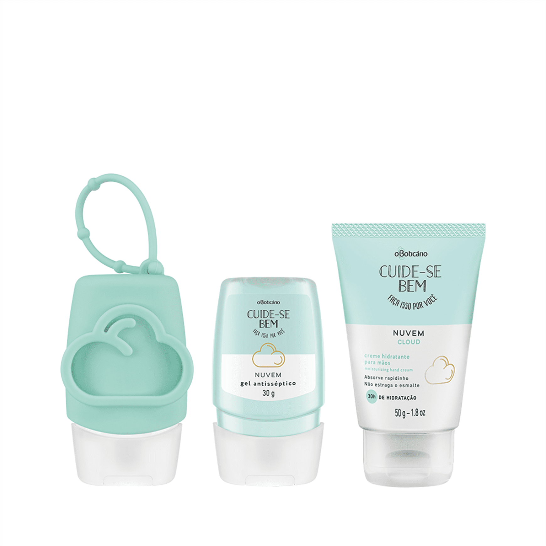 Combo Cuide-Se Bem Nuvem: Álcool Em gel, 30g + Capinha Em Silicone + Creme Para Mãos, 50g