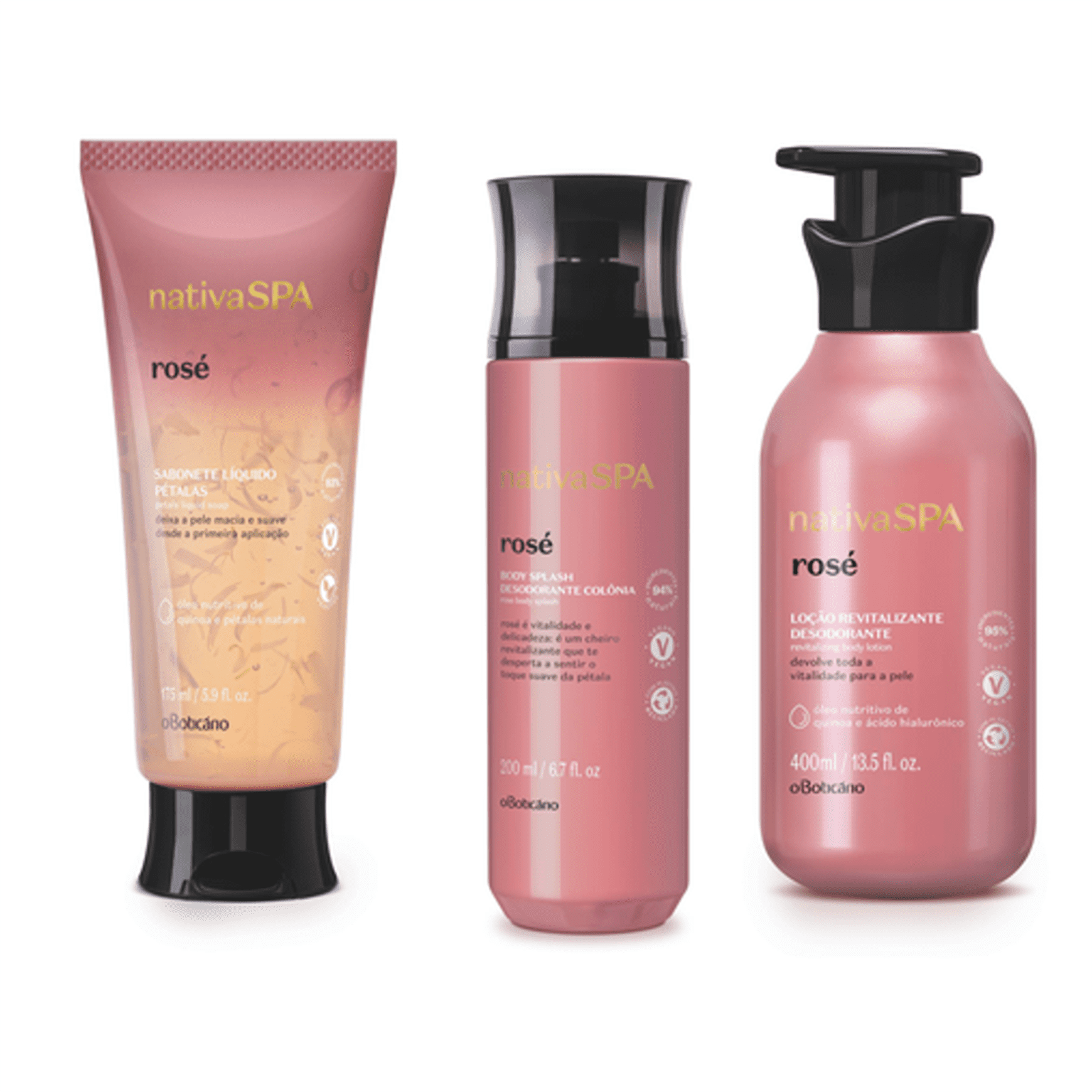 Combo Nativa Spa Rosé: Sabonete Líquido Corporal, 175 ml + Body Splash, 200 ml + Loção Revitalizante Corporal, 400 ml