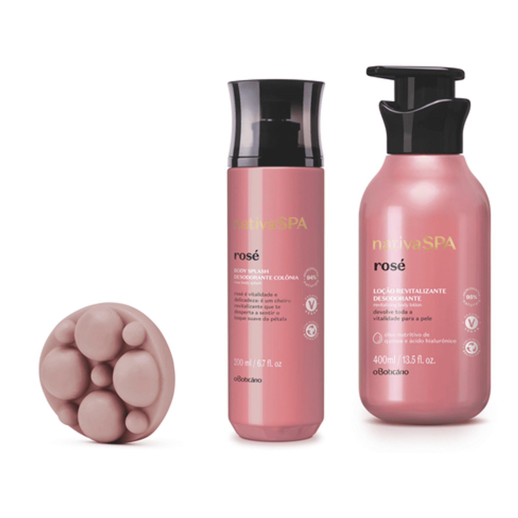 Combo Nativa Spa Rosé: Sabonete Em Barra Massa geador, 90 g + Body Splash, 200 ml + Loção Revitalizante Corporal, 400 ml