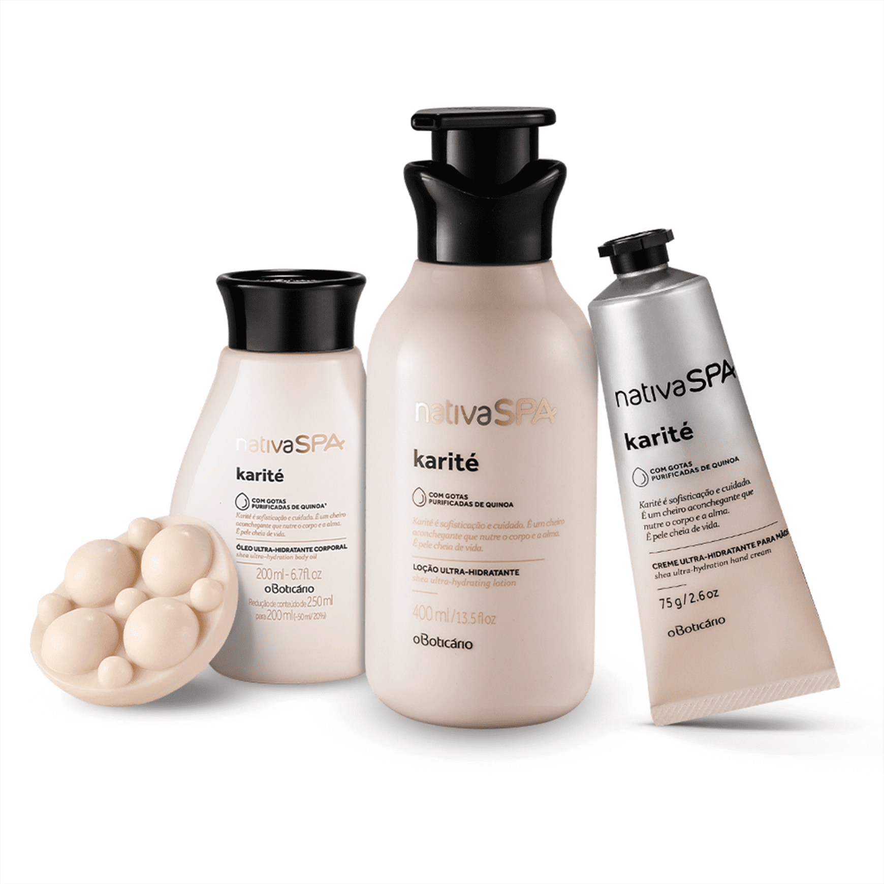 Combo Nativa Spa Karité: Creme Para Mãos, 75g + Loção Ultra Hidratante Corporal, 400 ml + Oleo Desodorante Corporal, 200 ml + Sabonete Em Barra, 90g