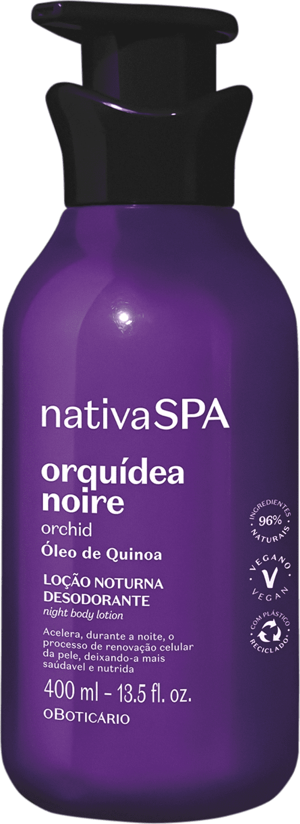Frasco de loção corporal noturna da linha Nativa SPA, com embalagem roxa e preta, contendo 400 ml do produto "Orquídea Noire" com óleo de quinoa.